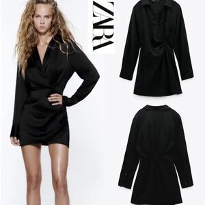 Zara Black Satin Mini Wrap Dress – Size M, Long Sleeve, Party Ready